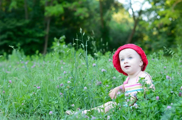 Cute dziewczynka siedzi w polu zielonym — Zdjęcie stockowe