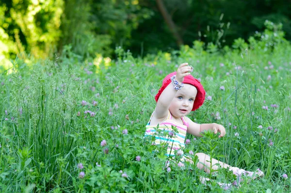 Cute dziewczynka siedzi w polu zielonym — Zdjęcie stockowe