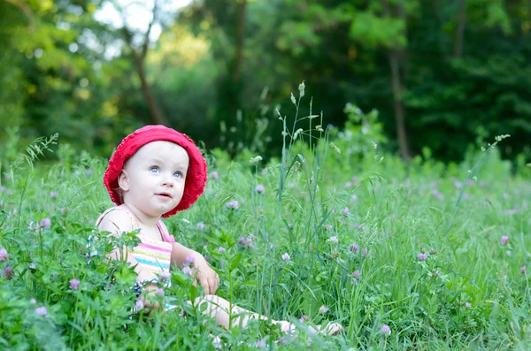 Cute little girl sitting in the green field — Stock Photo, Image