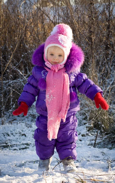 Portrait of happy little girl in snowy landscape — Stock Photo, Image