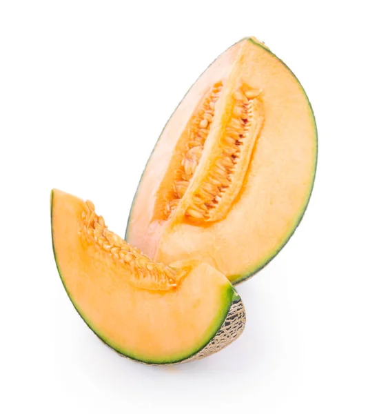 Melon Kantalupowy Plasterkach Izolowany Białym Tle — Zdjęcie stockowe