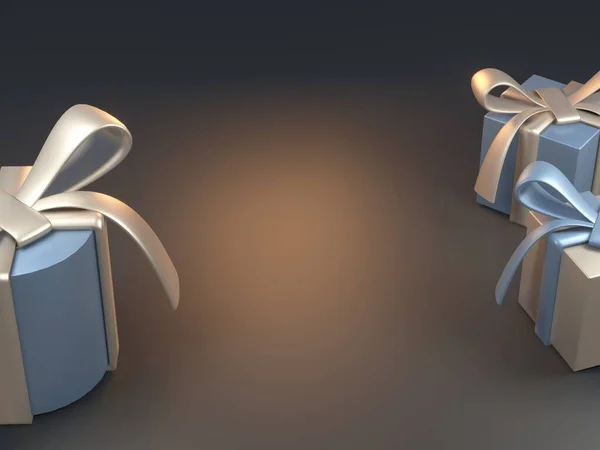 3D візуалізація бітових коробок у темних кольорах із золотими та срібними стрічками. Різдвяні подарунки. День народження та весілля3d візуалізація бітових коробок у темних тонах із золотими та срібними стрічками. Різдво — стокове фото