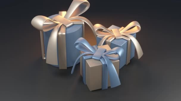Las cajas de regalo se deslizan para abrir espacio de copia para texto. Banner web de Navidad. 3d render. Colores metálicos azul, plateado, negro y beige. Estilo elegante moderno — Vídeo de stock