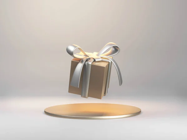 3D渲染金礼品盒与舞台一起在演播室里飘扬。圣诞节，生日礼物。没有重力抽象概念. — 图库照片
