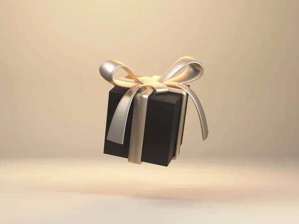 3d renderizado de oro y negro caja de regalo volando en estudio. Navidad, regalo de cumpleaños. — Foto de Stock