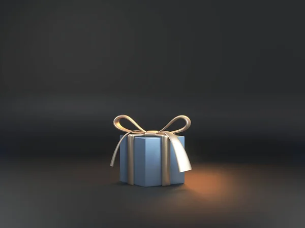 暗いスタジオで黄金と青の3Dレンダリングボックス。誕生日やクリスマスプレゼントの最小限の概念. — ストック写真