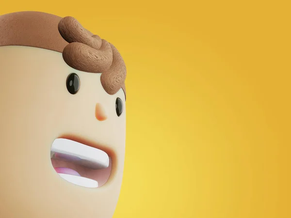Cara cercana del personaje de dibujos animados 3d renderizado con la boca abierta sobre fondo amarillo. Cara activista, política, joven. — Foto de Stock