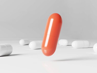 Red pill floating in white studio with white capsules around. Covid-19 medicine. Collagen, supplements, painkillers concept. 3d render clipart