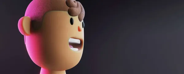 Close-up rosto de personagem de desenho animado 3d renderizado com boca aberta em fundo preto em luz de néon. Rosto ativista, política, jovem. — Fotografia de Stock