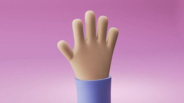 Çizgi film 3D el sallama merhaba ya da al. Çizgi film karakteri hareketi. Pembe arka plan, kadın selamlaması.
