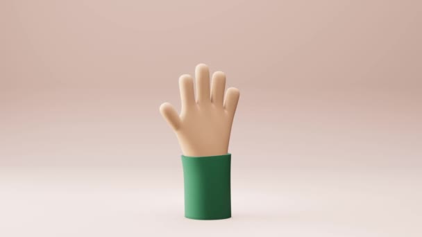 Cartoon 3d render hand waving hello or buy. Cartoon character gesture. Beige background, woman greeting. — Stock Video