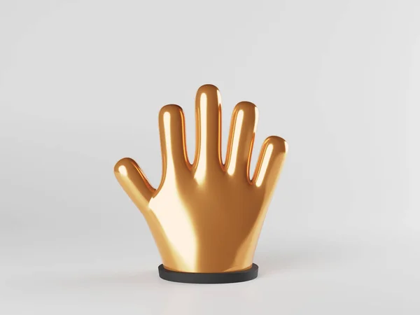 Cartoon-Hand in goldener Farbe im weißen Studio. 3D-Rendering im minimalen isolierten Stil. Stopp oder Hallo-Zeichen. Geld, Luxuskonzept — Stockfoto