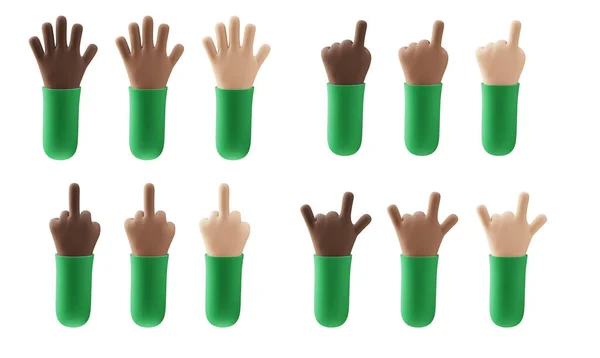 Set of cartoon style 3d hands in different skin colors. Hello, pointing, fuck off, rock gestures. Isolated hands in green shirt. 3d render — Stok fotoğraf