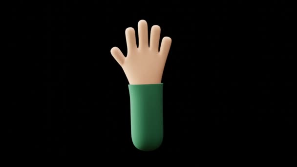 Cartoon 3d render hand waving hello or buy. Cartoon character gesture. Isolated alpha transparent background — Stock Video