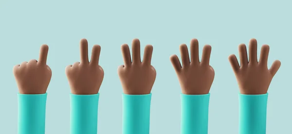 Мультфильм человек руки, считая от одного до пяти с пальцами. 3d визуализация счетчика рук на синем фоне. Указание, знак победы, жест приветствия — стоковое фото