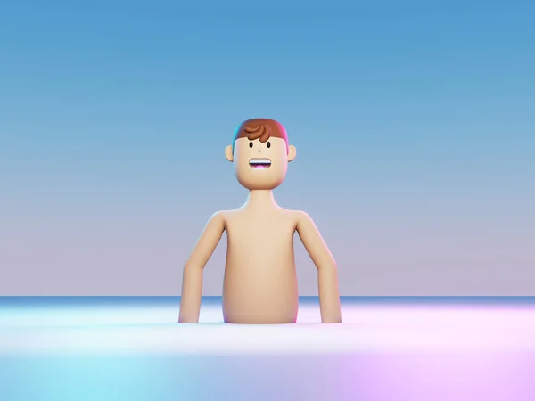 3D rendere uomo cartone animato con faccina sorridente in studio al neon blu. Metaverso concetto di avatar. Realtà virtuale vita futura. — Foto Stock