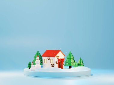 Karlı mavi podyum, kardan adam ve Noel evi. 3D düşük polimerli çizgi film Noel manzarası. 