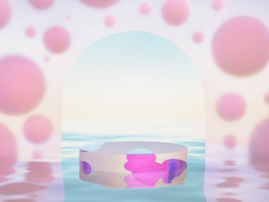 Meta evren konsepti. Yüzen baloncuklu kibrit cam yay duvar ve ürün için podyum ile okyanus. Şifreleme sanatı, VR için sanal alan. 