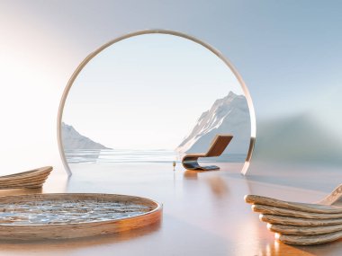 Restorative escape concept. Winter arctic surreal place with wooden lounge chairs and pool. Metaverse travelling to surreal places. 3d render clipart