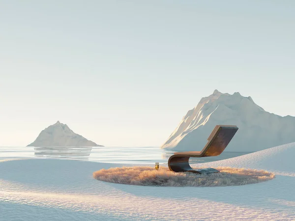 İyileştirici kaçış konsepti. Kış mevsimi, tüylü halısı ve tahta şezlonguyla gerçeküstü bir yer. Metaverse şampanya romantik rahatlama spa 'sı. 3d hazırlayıcı