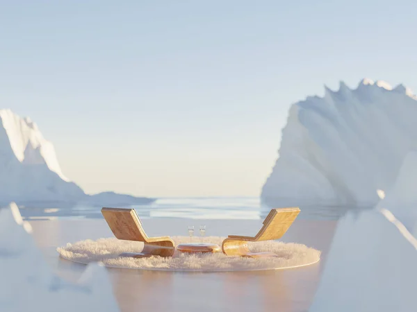 Concepto de escape reparador. Invierno ártico surrealista lugar con alfombra esponjosa y sillas de madera para dos personas. Fiesta romántica de champán metaverso. 3d renderizar — Foto de Stock
