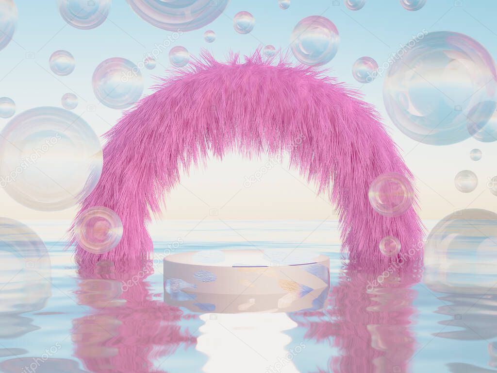 Fluffy pink arch with soap bubbles in surreal water landscape and podium for products. Restorative escape concept. Cosmetics 3d render stage
