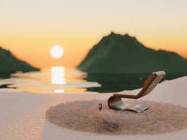 İyileştirici kaçış konsepti. Kış mevsimi, tüylü halısı ve tahta şezlonguyla gerçeküstü bir yer. Metaverse şampanya romantik rahatlama spa 'sı. 3d hazırlayıcı