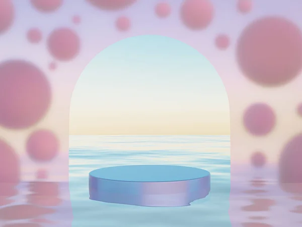 Metaverse koncept. Matt glas båge vägg med flytande bubblor och hav med pallplats för produkt. Krypto konst, virtuellt utrymme för vr. — Stockfoto