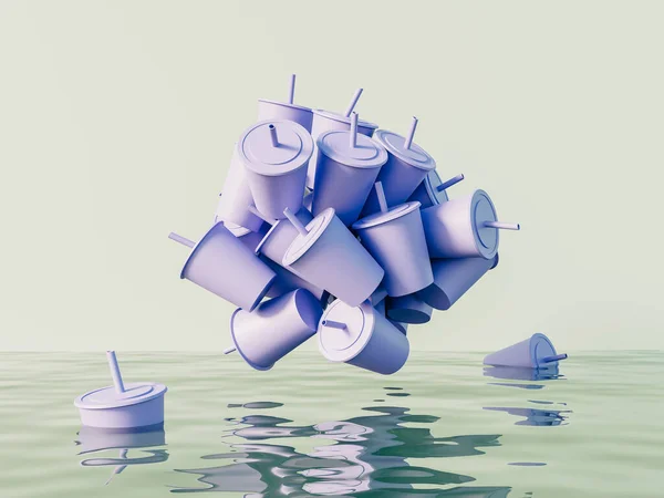 Viele Plastikbecher schweben über dem Meer oder Wasser auf grünem Grund. Ökologisches Problem der Plastikverschmutzung. 3D-Darstellung — Stockfoto