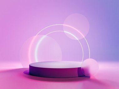 Camdan daireler ve neon ışık çizgileri olan 3D fütüristik neon podyum. Glasmorfizm ve metaevren konsepti 