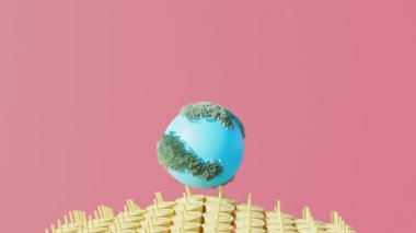 Birçok plastik bardak pembe arka planda Dünya 'nın yakınında havada asılı duruyor. Plastik kirliliği ekoloji problemi. 3d hazırlayıcı