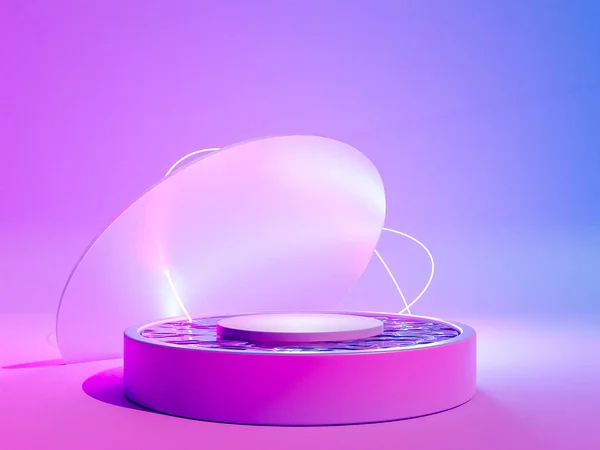 3D-återgivning av futuristiska neonpallen med glascirklar och neonljus linjer. Glassmorfism och metavers begrepp — Stockfoto