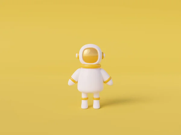 Carino astronauta dei cartoni animati sul backgroun giallo. Viaggio nello spazio e concetto di colonizzazione. rendering 3d in stile minimale — Foto Stock