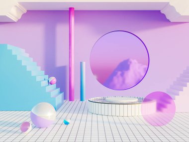 Bir dairenin 3D fütüristik metaevren iç tasarımı. Mor, mavi ve neon renkler.