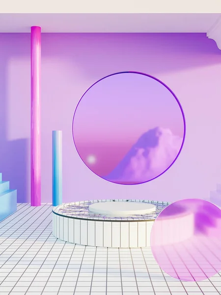 3d renderização de design de interiores metaverso futurista de um apartamento. Cores roxas, azuis e néon. — Fotografia de Stock