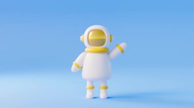 Mavi arka planda el sallayan sevimli astronot çizgi filmi. Uzay yolculuğu ve kolonileşme kavramı. 3d oluşturma biçimi asgari düzeyde