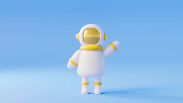 Astronot kartun lucu dengan latar belakang biru melambaikan tangan. Konsep perjalanan luar angkasa dan kolonisasi. 3d render dalam gaya minimal — Stok Video