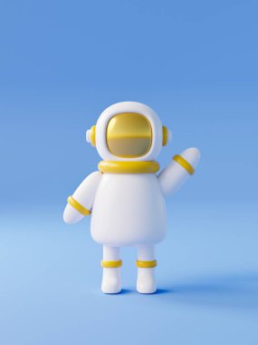 Mavi arka planda el sallayan sevimli astronot çizgi filmi. Uzay yolculuğu ve kolonileşme kavramı. 3d oluşturma biçimi asgari düzeyde