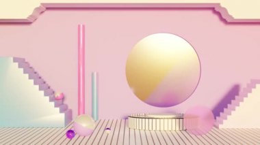 Bir dairenin 3D fütüristik metaevren iç tasarımı. Mor, mavi ve neon renkler. Güneş doğar 