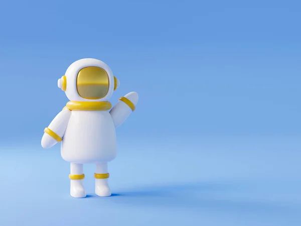 Leuke cartoon astronaut op blauwe achtergrond zwaaiende hand. Ruimtevaart en kolonisatie concept. 3d renderen in minimale stijl — Stockfoto