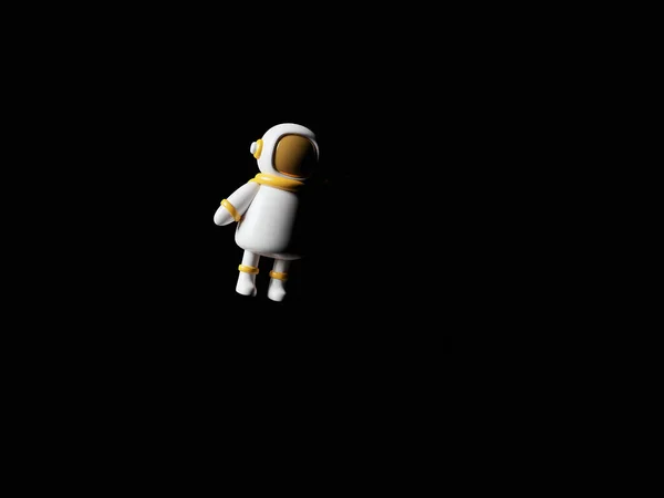 우스꽝 스러운 만화 우주 비행사가 어두운 외진 곳에서 비행하는 모습. 성간 여행이요. 미래 우주의 식민지화 — 스톡 사진