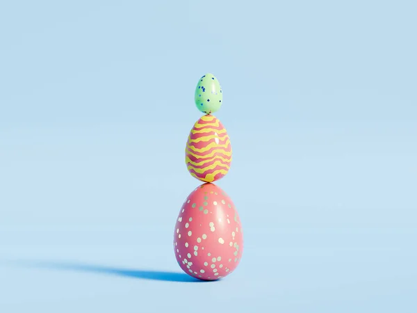 Tre uova di Pasqua colorate che si equilibrano su fondo blu. 3d rendono CGI di primavera festiva — Foto Stock