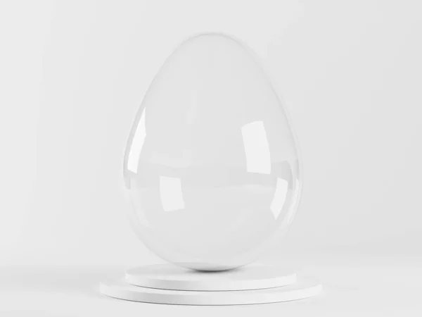 Γυάλινο άδειο αυγό στο βάθρο σε λευκό στούντιο, 3d απόδοση. Πασχαλινό αυγό για διακοπές — Φωτογραφία Αρχείου
