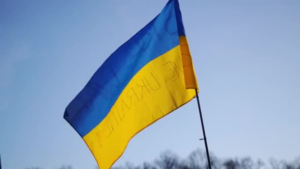 Mavi gökyüzü arkaplanında Ukrayna bayrağı Ukrayna 'yı kaydediyor. Ukrayna 'daki greve destek Rus istilasına uğruyor — Stok video