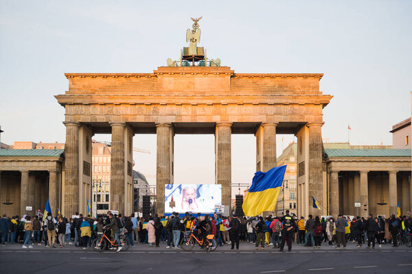 Berlin, Germany - 27 March 2022 Protest anti war and supporting Ukraine in Russian occupation. Demonstration of activists