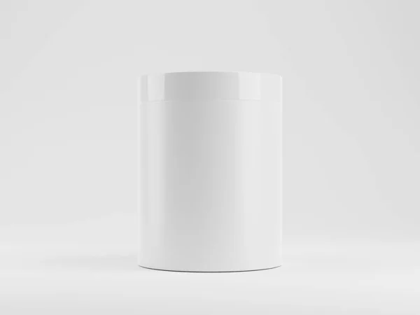 3D καθιστούν από πλαστικό μεγάλο λευκό βάζο για σκόνη πρωτεΐνης, λοσιόν ή conditioner. Απομίμηση πακέτων. Καταλληλότητα διατροφής. — Φωτογραφία Αρχείου