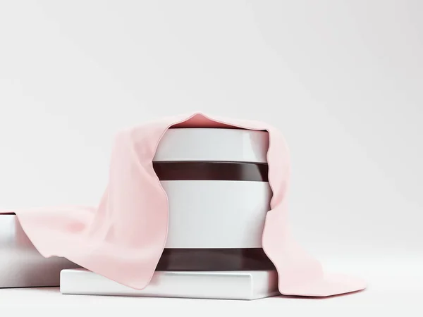 3d renderização de vidro fosco frasco com etiqueta vazia. Maquiagem ou cosméticos de cuidados com a pele. Cores brancas e rosa. maquete de e-commerce — Fotografia de Stock