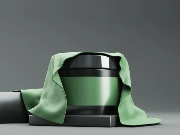 3d weergave van glazen matte pot met leeg etiket. Mannen make-up of huidverzorging cosmetica. Zwarte en groene kleuren. Mockup van e-commerce — Stockfoto