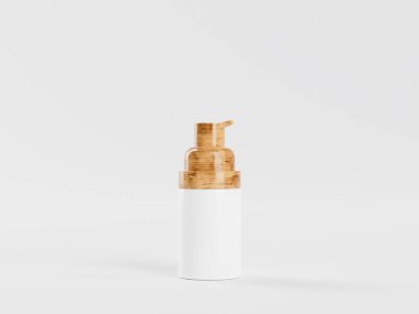 Doğal losyon, krem ya da serum kozmetik için 3 boyutlu şişeler. Eko ahşap bambu kapağı. Kişisel bakım ürünlerinin boş konteynırları. 
