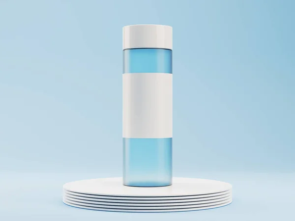 3d weergave van glazen matte pot met leeg etiket. Make-up of huidverzorging cosmetica. Witte en blauwe kleuren. Mockup van e-commerce — Stockfoto